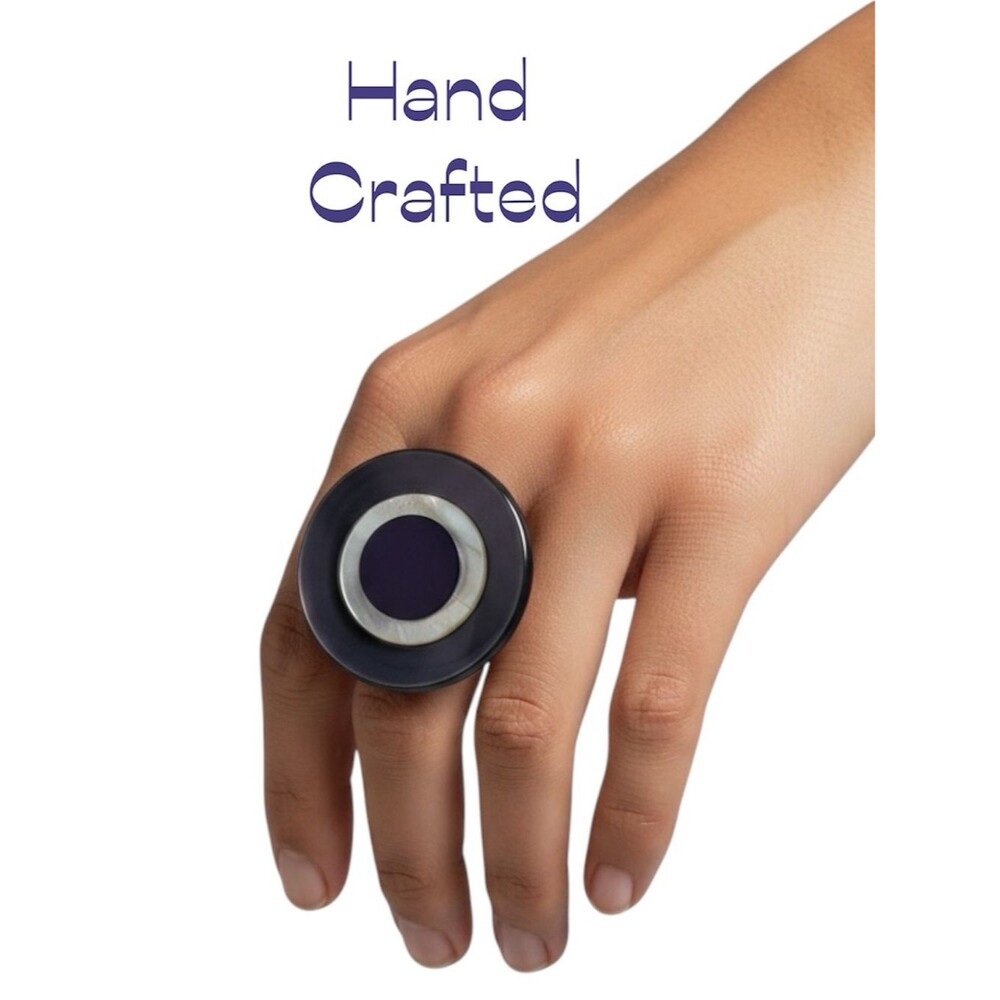 Hand Crafted 1970s Mother Of Pearl W Purple Velvet Buttons Ring NWT